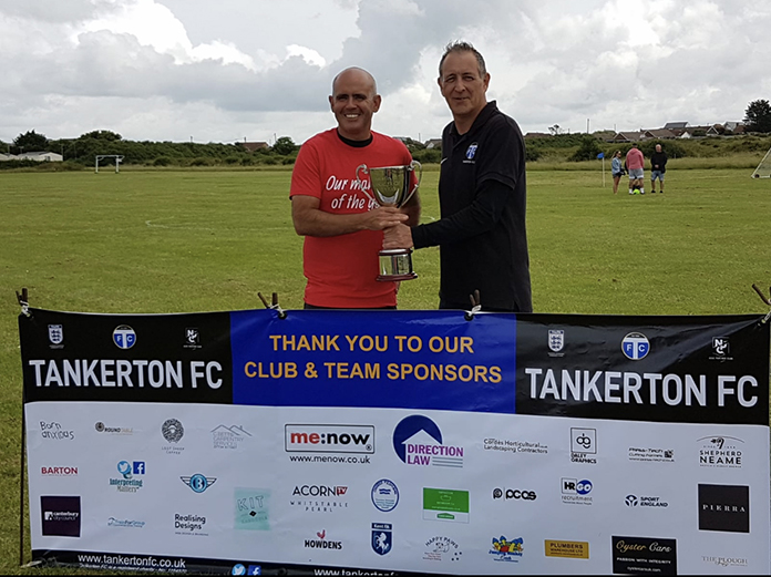 Dave McGovarin presents the Manager of the Season trophy to Dean Gonsalves to mark an exceptional season when Dean guided the current U18s Girls to victory in the delayed U16s' County Cup final.
